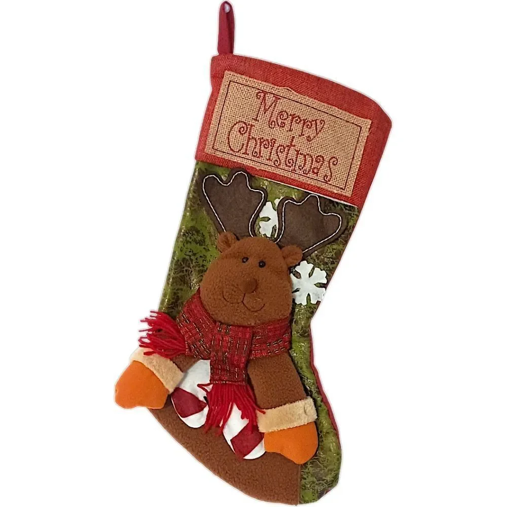 Reindeer‎ Moose Christmas Stocking Plush Folk Art Cabin Rustic Farmhouse Holiday